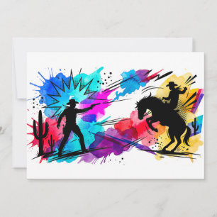 Convites Arte Colorida em Aquarela de Cowboys do Faroeste