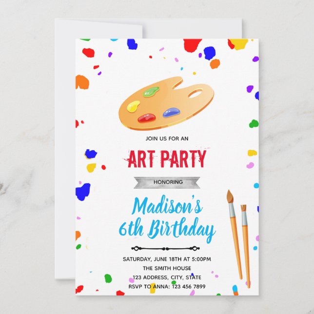 Convites Arte de aniversário de cores primárias fofa (Frente)