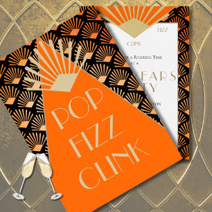 Convites Arte de Ano Novo Pop Fizz Clink Dourado Vintage