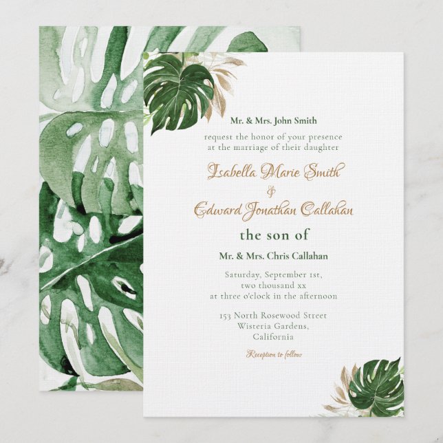 Convites Arte de Aquarela de Folhas de Monstera Verde Tropi (Frente/Verso)