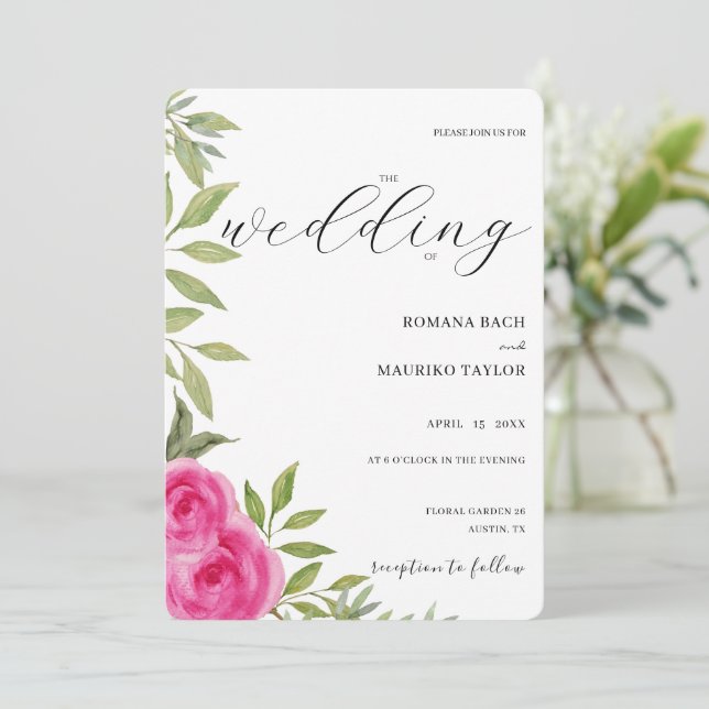 Convites Arte de Aquarela de Rosas Rosa Elegante (Em pé/Frente)