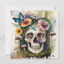 Arte de Aquarela Floral de Crânio de Cogumelo
