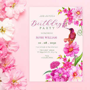 Convites Arte de beija-flor de aniversário de flor rosa