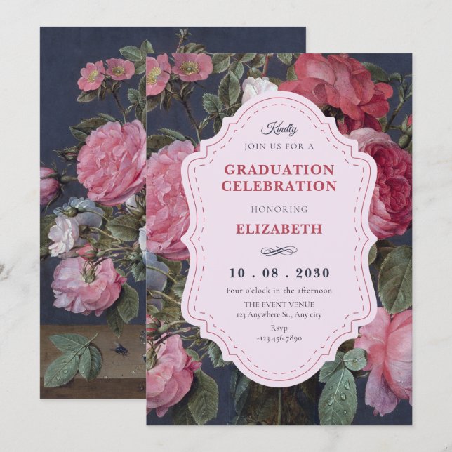 Convites Arte de buquê de flores vintage graduação (Frente/Verso)
