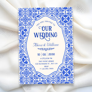 Convites arte de casamento com padrão de azulejo azul