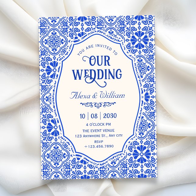 Convites arte de casamento com padrão de azulejo azul (Criador carregado)