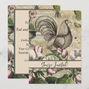 Convites Arte de Colagem de Jardim com Galo Vintage: País F