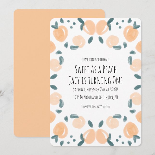 Convites Arte de Festa de aniversário de Pêssego de Aquarel (Frente/Verso)
