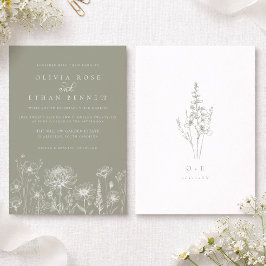 Convites Arte de Linha de Flores Silvestres em Verde Salvia
