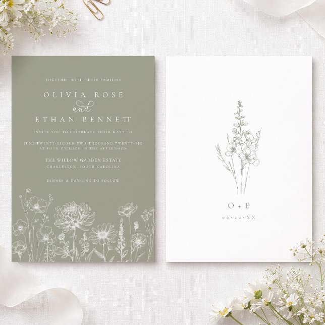 Convites Arte de Linha de Flores Silvestres em Verde Salvia (Sage Green Wedding Invite Front & Back)