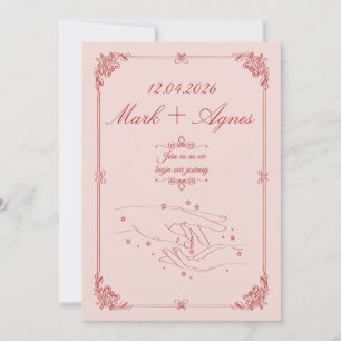 Convites Arte de Linha de Mãos de Casamento Rosa Vermelho E