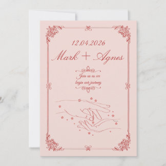 Convites Arte de Linha de Mãos de Casamento Rosa Vermelho E