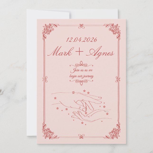 Convites Arte de Linha de Mãos de Casamento Rosa Vermelho E (Frente)