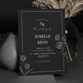 Convites Arte de Linha Floral Rústico Preto Casamento Elega