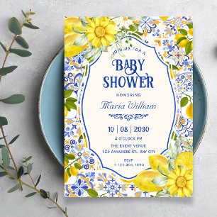 Convites arte de padrão de azulejo de limão azul baby showe