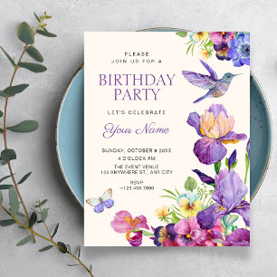 Convites Arte de pássaro floral roxo elegante aniversário