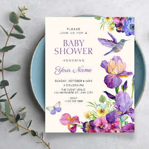 Convites Arte de pássaro floral roxo elegante chá de bebê