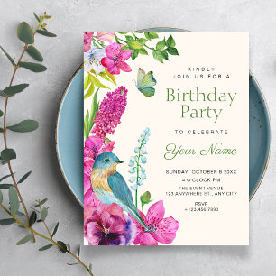 Convites arte de pássaros florais de aniversário