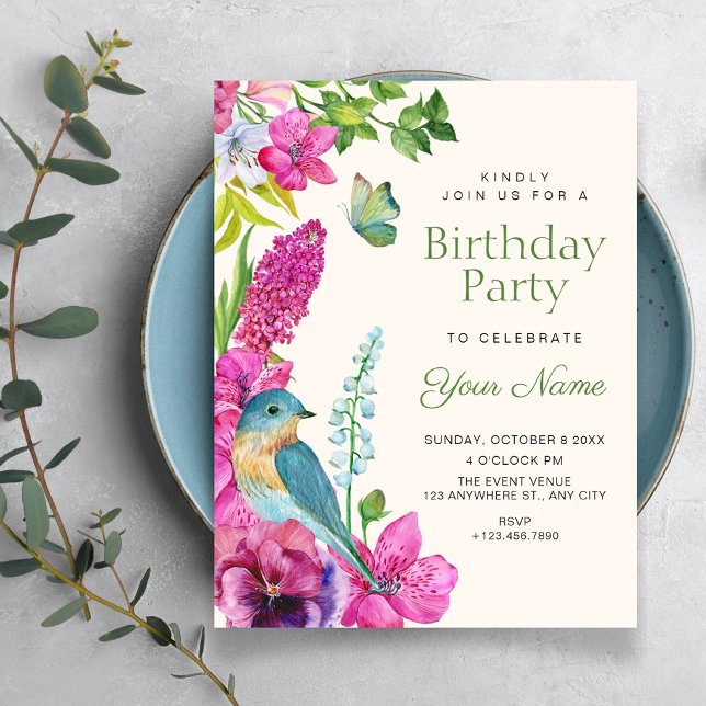 Convites arte de pássaros florais de aniversário (Criador carregado)
