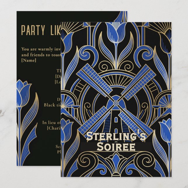 Convites Arte Deco Amsterdã | Moinhos de Vento Aniversário  (Frente/Verso)