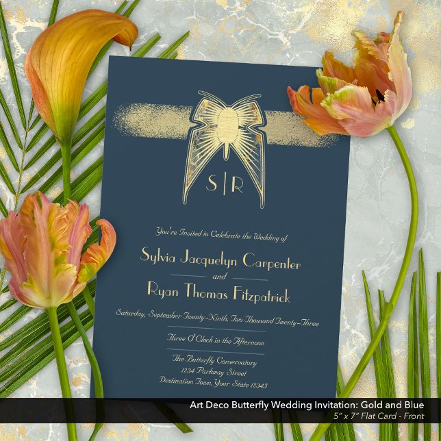 Convites Arte Deco Borboleta Monograma Azul e Casamento Dou (Art Deco Butterfly Monogram Blue and Gold Wedding Invitation - Front)
