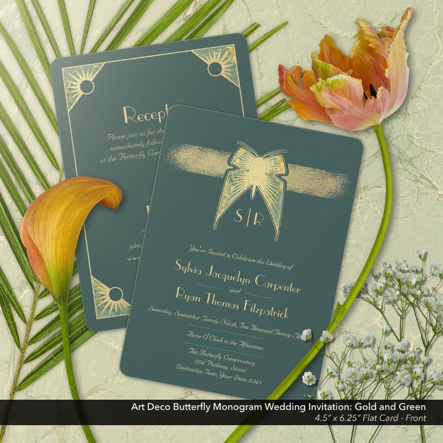 Convites Arte Deco Borboleta Monograma Dourado Casamento Ve (Art Deco Butterfly Monogram Green Gold Wedding Invitation - Front)