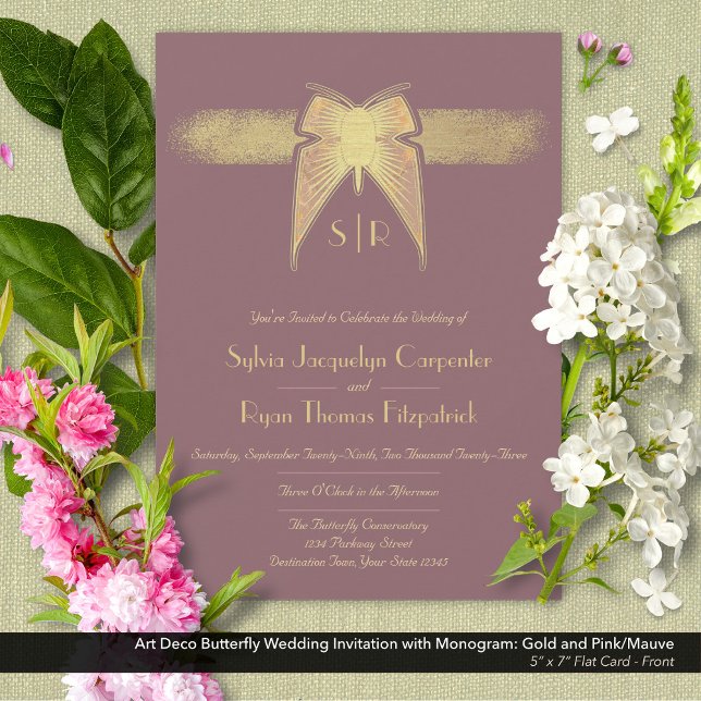 Convites Arte Deco Borboleta Monograma Rosa e Casamento Dou (Art Deco Butterfly Monogram Pink/Mauve and Gold Wedding Invitation - Front)