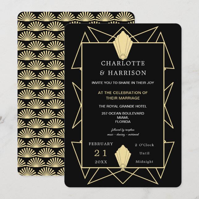 Convites Arte Deco Clássico Casamento Dourado Preto (Frente/Verso)