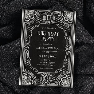 Convites Arte deco de aniversário vintage preto