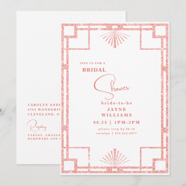 Convites Arte Deco de Brilho Rosa para Chás de Noiva (Frente/Verso)