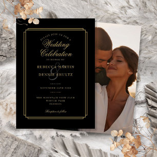 Convites Arte Deco de Casamento com Foto e Letra Dourada