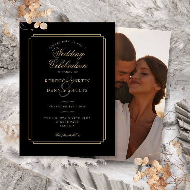 Convites Arte Deco de Casamento com Foto e Letra Dourada (Black and Gold Script Art Deco Photo Wedding Invitation)