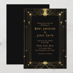 Convites Arte Deco Dourada e Preta Gatsby Anos 20 Elegante