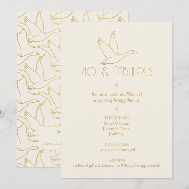 Convites Arte Deco em Filigrana Dourada | 40º Aniversário d (Frente/Verso)