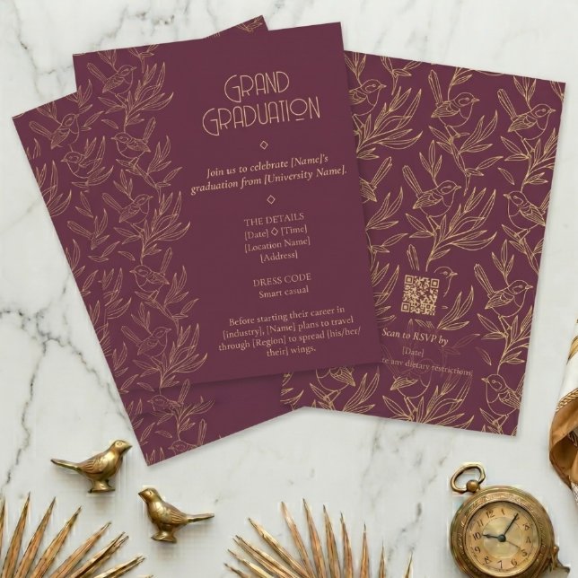 Convites Arte Deco em Fio de Ouro | Formatura de Fairy Wren (Flat Lay)