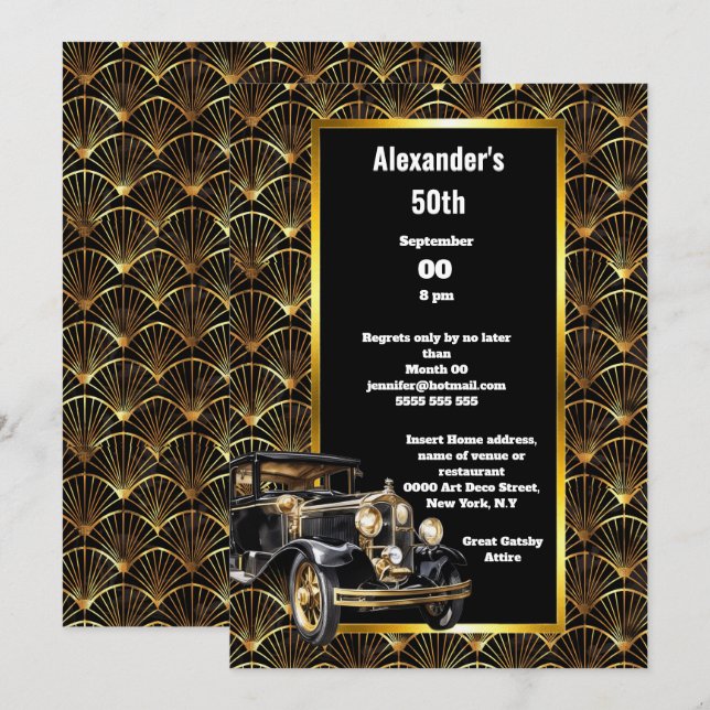 Convites Arte deco esquivar o padrão preto do ouro do carro (Frente/Verso)