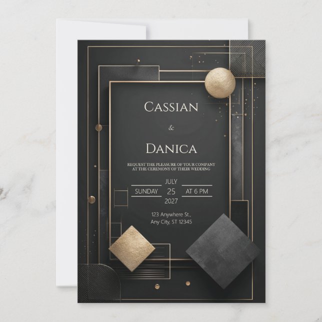 Convites Arte Deco Geométrica Ouro Preto Casamento Opulento (Frente)