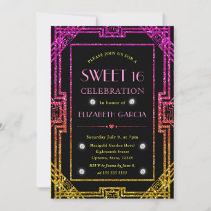 Convites Arte Deco Moldura Brilho Rosa e Amarelo Sweet 16