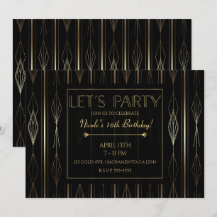 Convites Arte Deco Preto e Dourado Aniversário Vamos Festej