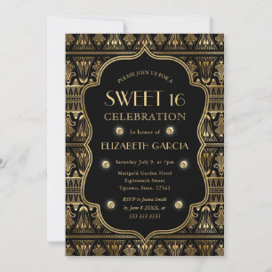 Convites Arte Deco Preto e Dourado Quadro Antigo Sweet 16