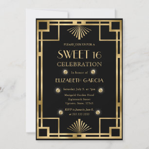Convites Arte Deco Preto e Dourado Quadro Vintage Sweet 16