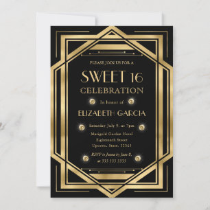 Convites Arte Deco Preto e Dourado Quadro Vintage Sweet 16