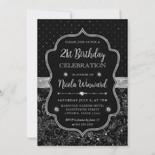 Convites Arte Deco Preto e Prata Brilho Aniversário de 21 a