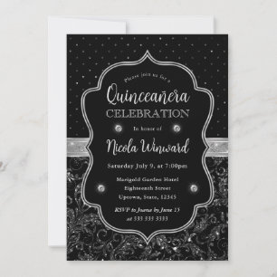 Convites Arte Deco Preto e Prata Brilho Quinceanera