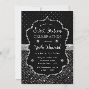Convites Arte Deco Preto e Prata Brilho Sweet Sixteen
