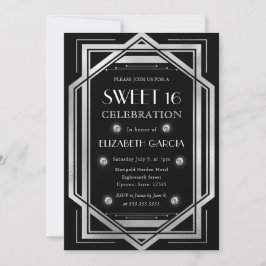 Convites Arte Deco Preto e Prata Quadro Antigo Sweet 16