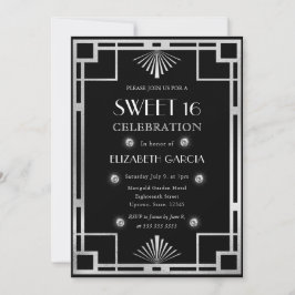 Convites Arte Deco Preto e Prata Quadro Vintage Sweet 16