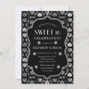 Convites Arte Deco Preto e Prata Quadro Vintage Sweet 16