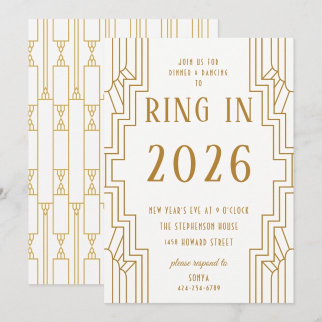 Convites Arte Deco Quadro Dourado Festa de Véspera de Ano N (Frente/Verso)