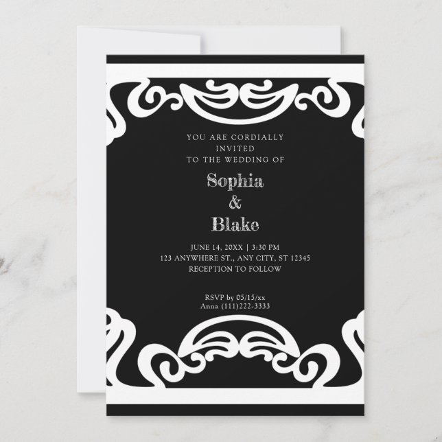 Convites Arte Deco Simples Preto e Branco para Casamento (Frente)